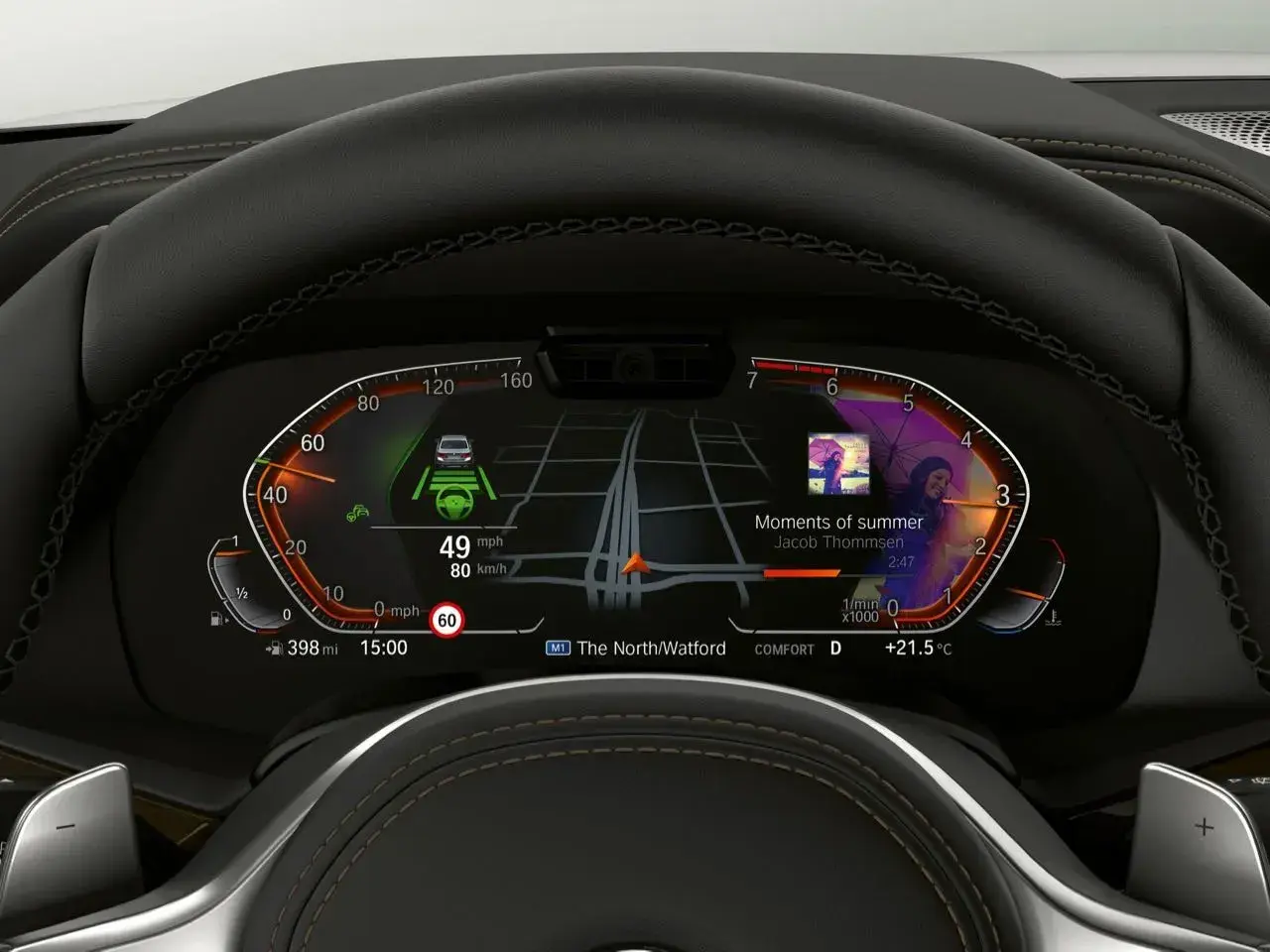 El BMW Live Cockpit Professional muestra navegación, música "Moments of summer" y asistencia al conductor.
