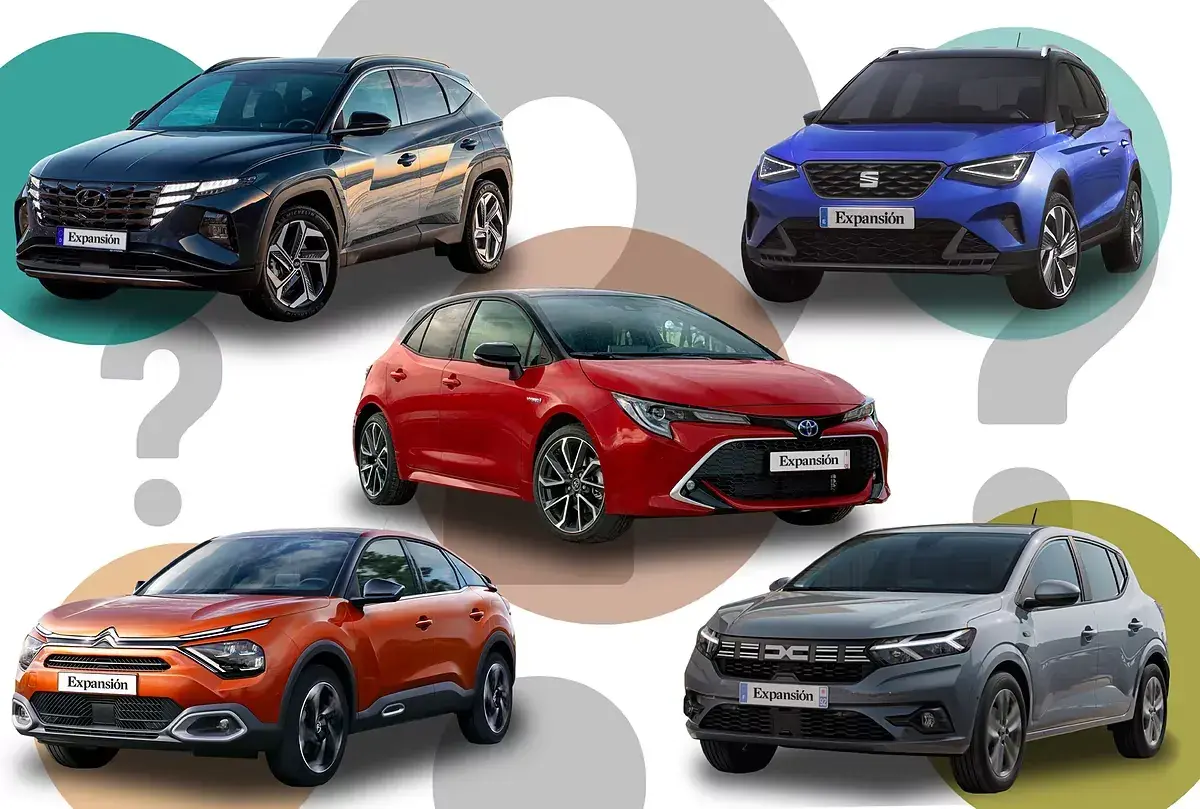 Cinco coches: SUV azul, compacto rojo híbrido, SUV naranja, SUV gris y otro SUV oscuro. ¿Cuál es el mejor hibrido diesel o gasolina?