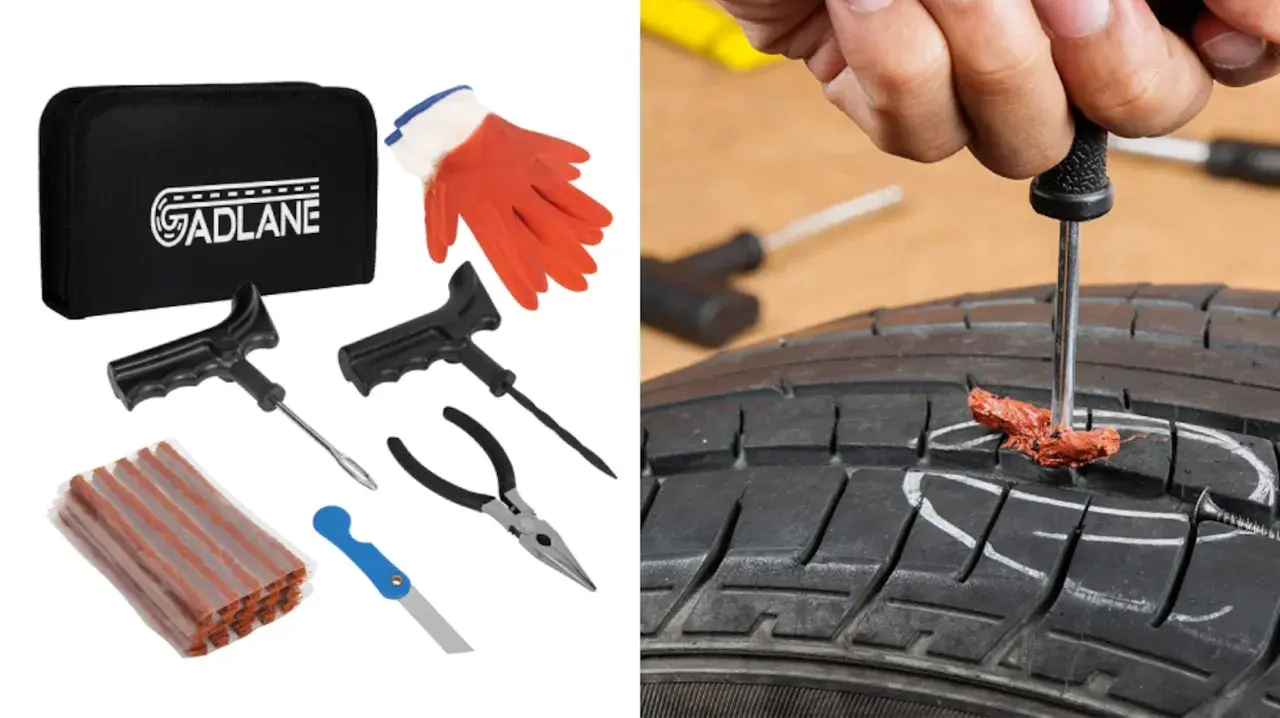 Kit de reparación de neumáticos para asistencia en carretera ante un pinchazo. Incluye herramientas y parches.