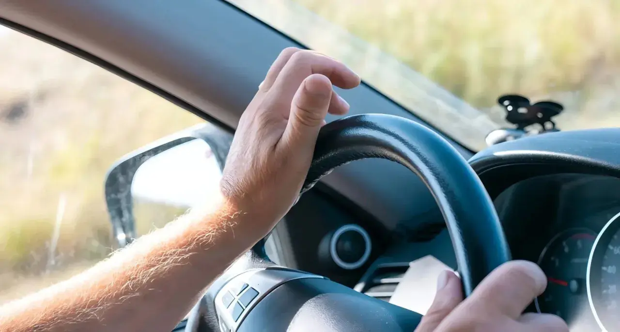Mano sujetando el volante, con el brazo peludo visible. La dirección del coche dura se siente firme mientras el conductor avanza.