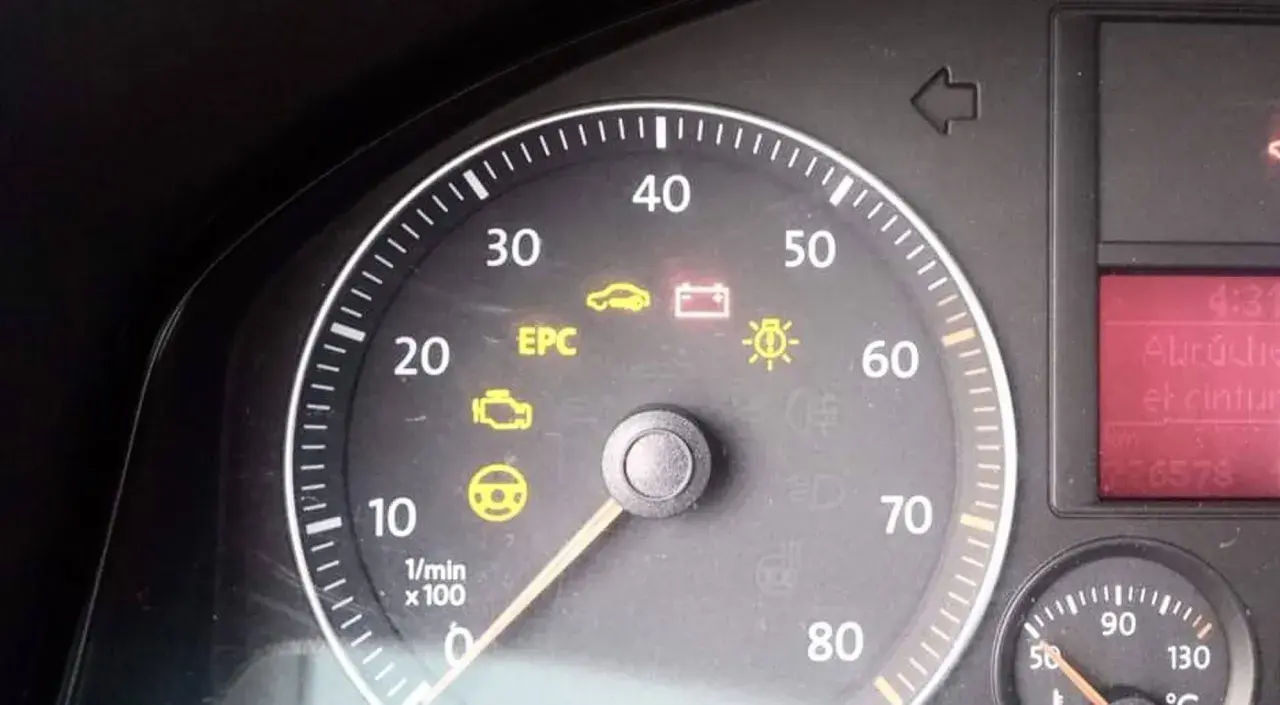 Luz EPC encendida en el tablero del coche, junto a iconos de motor y batería. Indica un problema en el sistema de control del motor.