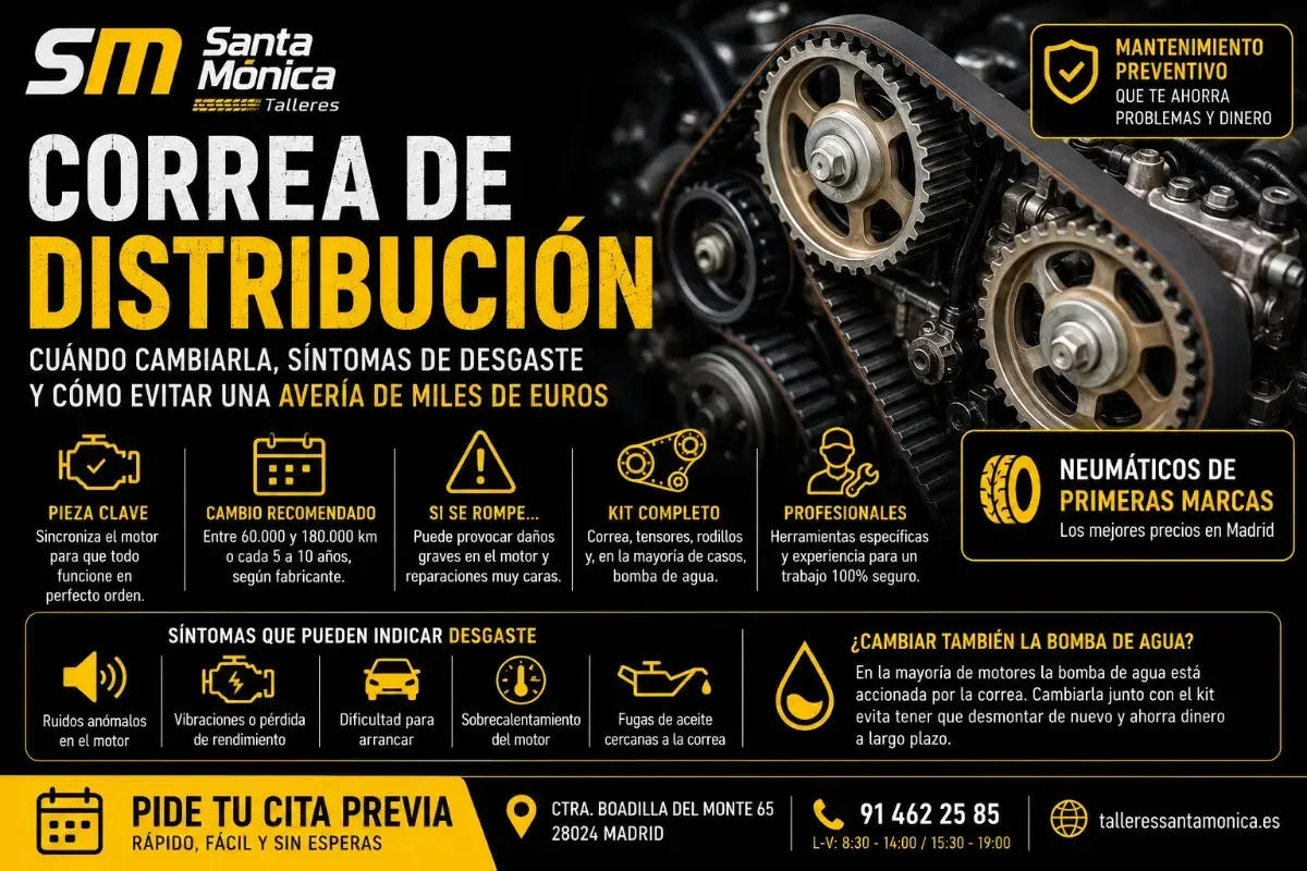 Primer plano de una correa de distribución gastada en un motor. El texto promociona el cambio de la correa para evitar averías costosas.