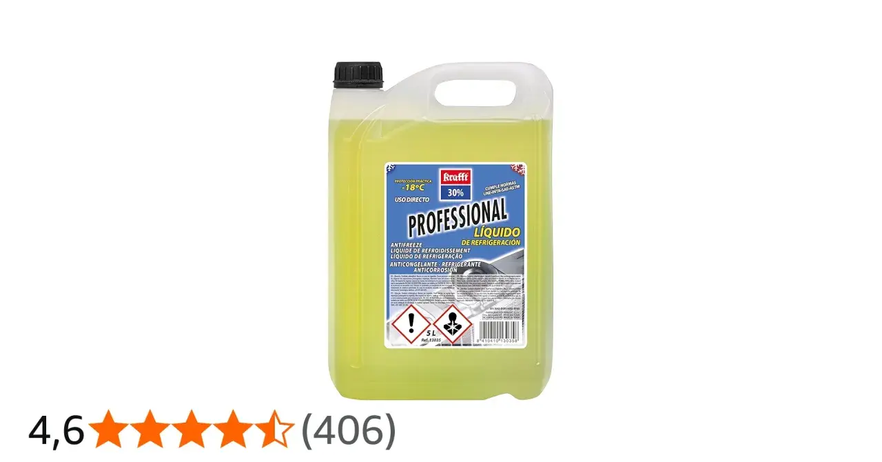 Bidón de anticongelante etilenglicol Krafft Professional 5L, ideal para proteger motores de aluminio hasta -18°C.