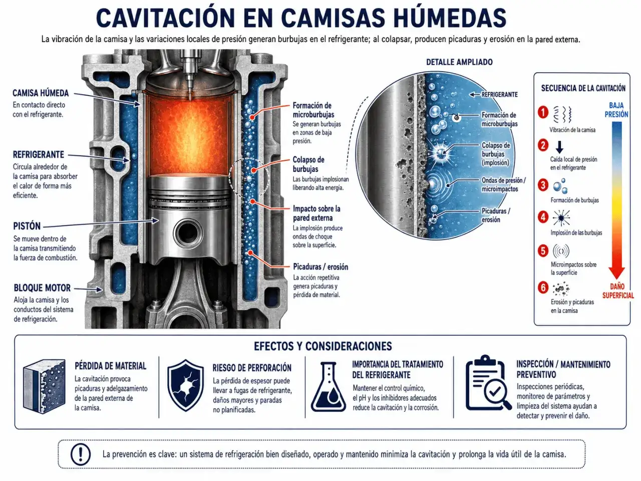 Ilustración de la cavitación en camisas húmedas de motor. Detalla la formación y colapso de burbujas en el refrigerante, causando picaduras y erosión.
