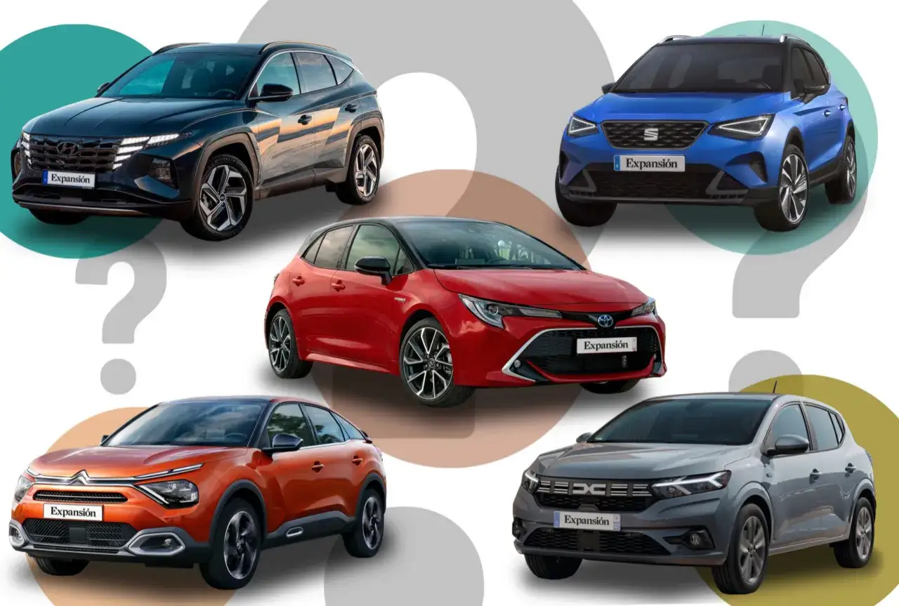 Cinco coches: un SUV negro, un compacto azul, un h&iacute;brido rojo, un crossover naranja y un SUV gris. &iquest;Cu&aacute;l es el mejor hibrido diesel o gasolina?