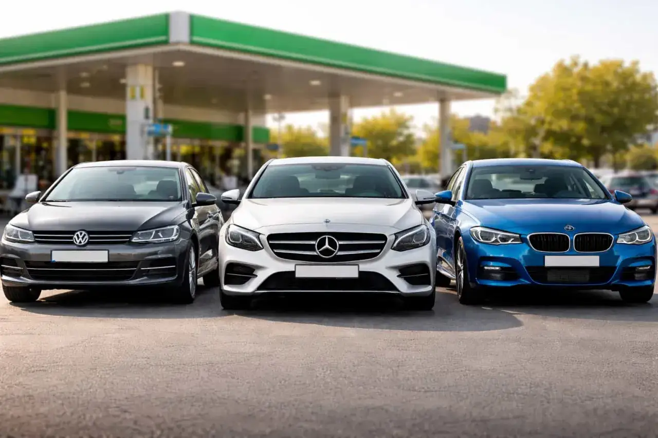 Tres coches di&eacute;sel sin AdBlue, un Volkswagen gris, un Mercedes plateado y un BMW azul, aparcados frente a una gasolinera.