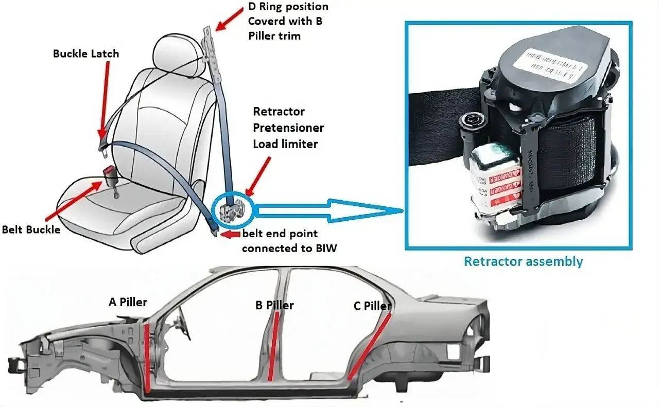 Diagrama ilustra c&oacute;mo funciona un cintur&oacute;n de seguridad: asiento, hebilla, anclaje y ensamblaje del retrator en el chasis del coche.