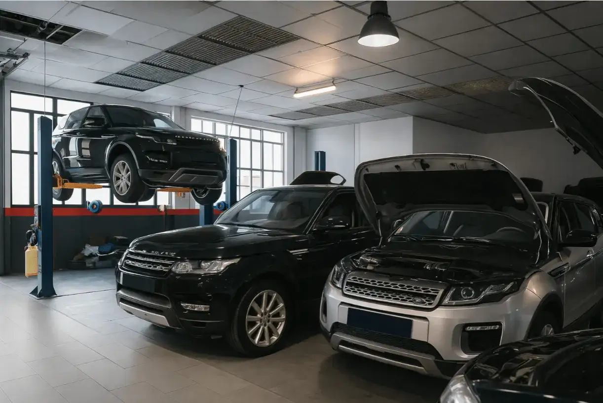 Taller mecánico con varios Range Rover Velar, uno en elevador y otros con capós abiertos, listos para solucionar problemas.