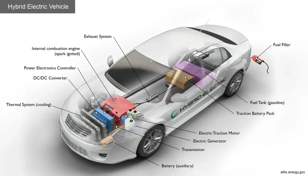 Diagrama de coches h&iacute;bridos autorrecargables, mostrando motor de combusti&oacute;n, bater&iacute;a, generador el&eacute;ctrico y sistema de combustible.