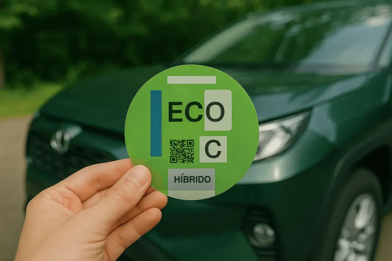 Mano sostiene etiqueta ECO para coches h&iacute;bridos, con un coche verde desenfocado al fondo.