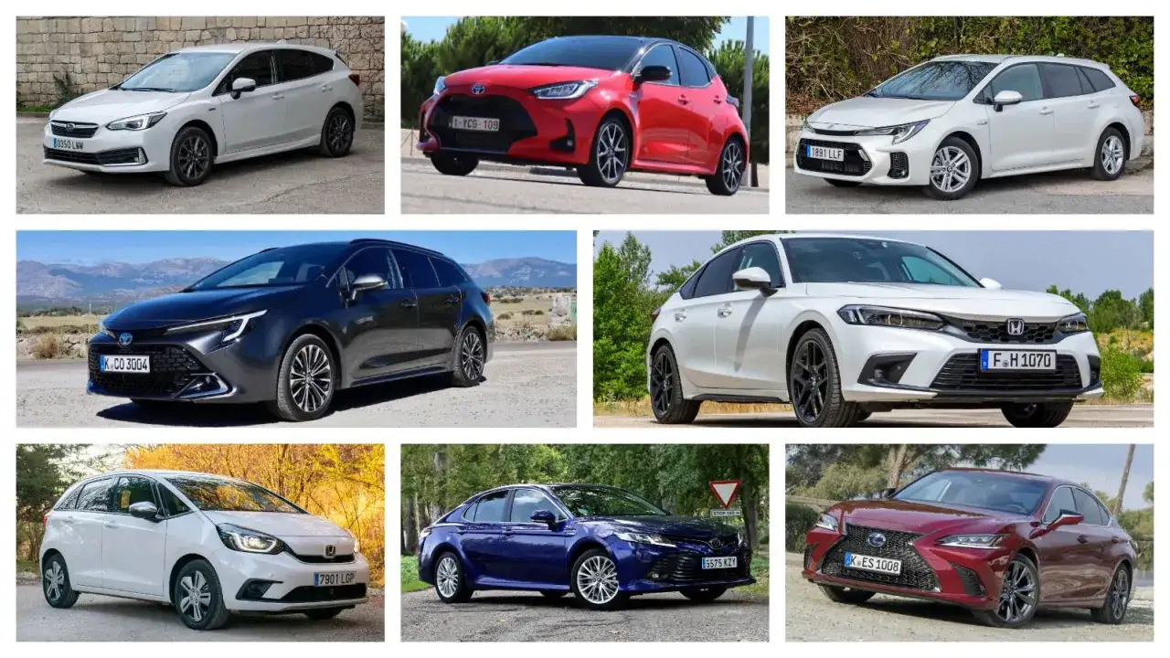 Variedad de coches híbridos: Toyota Yaris, Corolla Touring Sports, Lexus ES, Honda Jazz, Civic, Subaru Impreza y Suzuki Swace. Opiniones sobre coches híbridos.