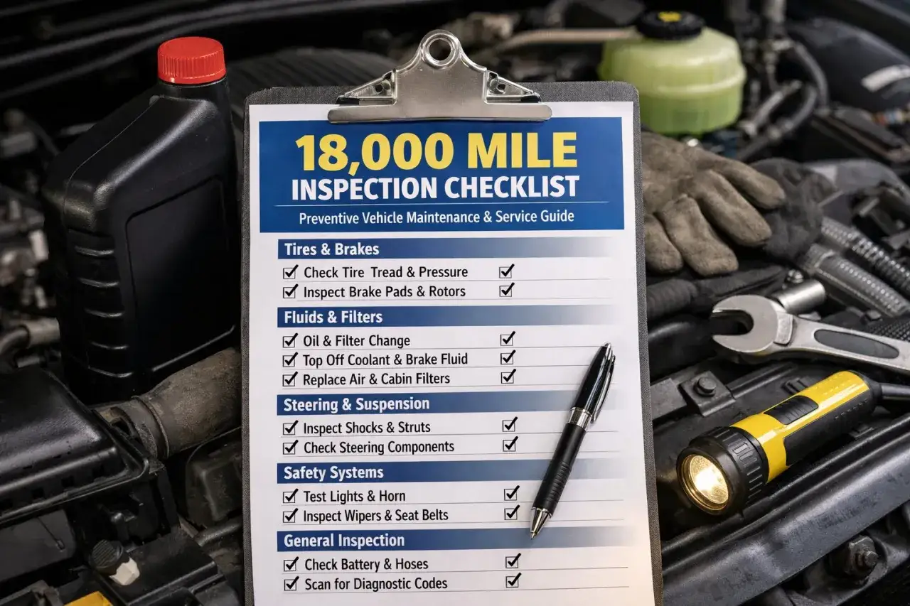 Lista de verificación para la revisión del coche de 18,000 millas, con herramientas y aceite.
