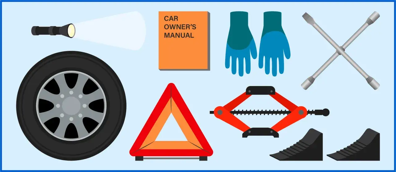 Herramientas para cambiar ruedas coche: gato, llave de cruz, linterna, guantes, triángulo de emergencia y manual.